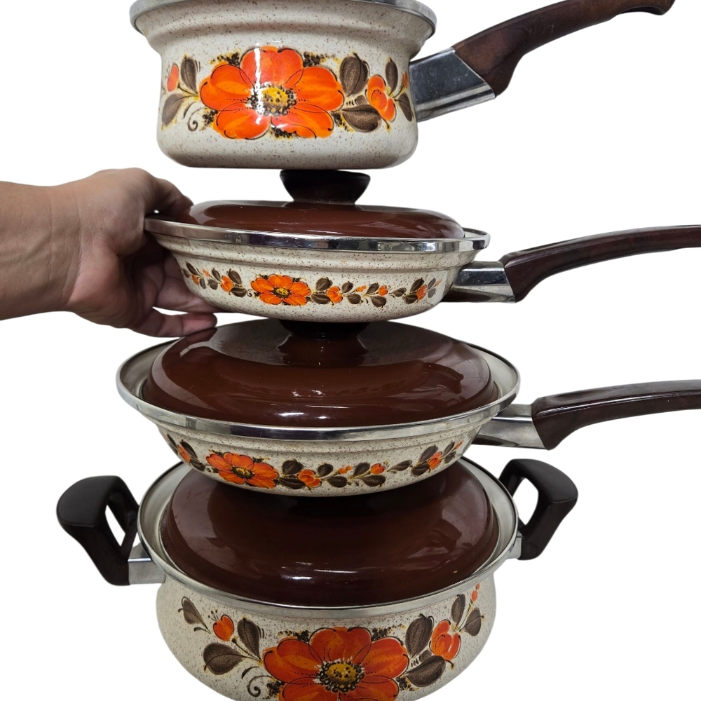 Sanko Ware Japan Show-Pans Set Enamelware Skillets Saucepan Stock Pot W/ Lids